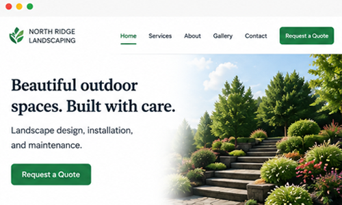 Example small-business website homepage with navigation, a hero section, and a call-to-action button.