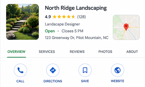 Example Google Business Profile listing showing the business name, rating, hours, address, and map.
