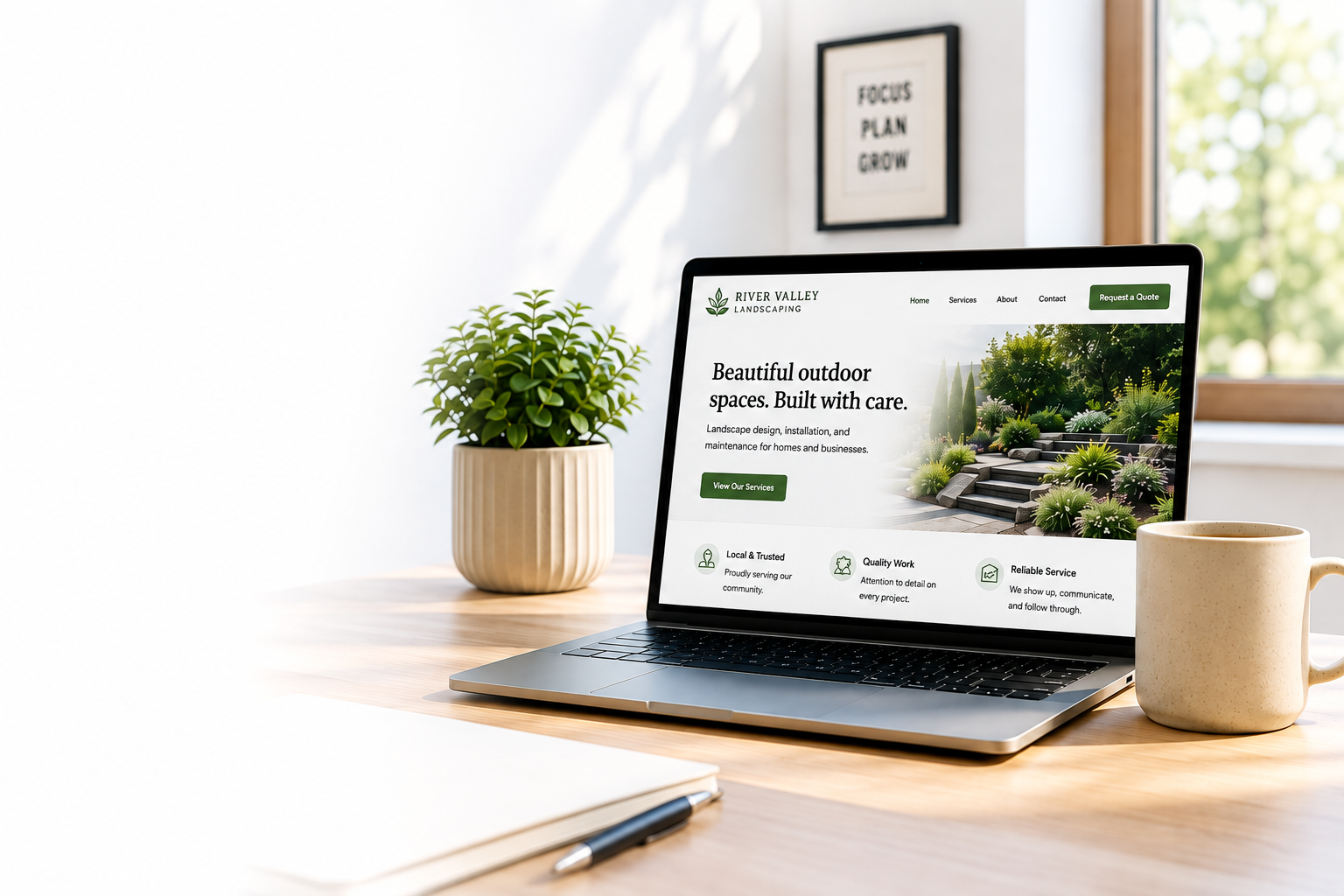 A laptop on a desk displaying a professionally designed small-business website.