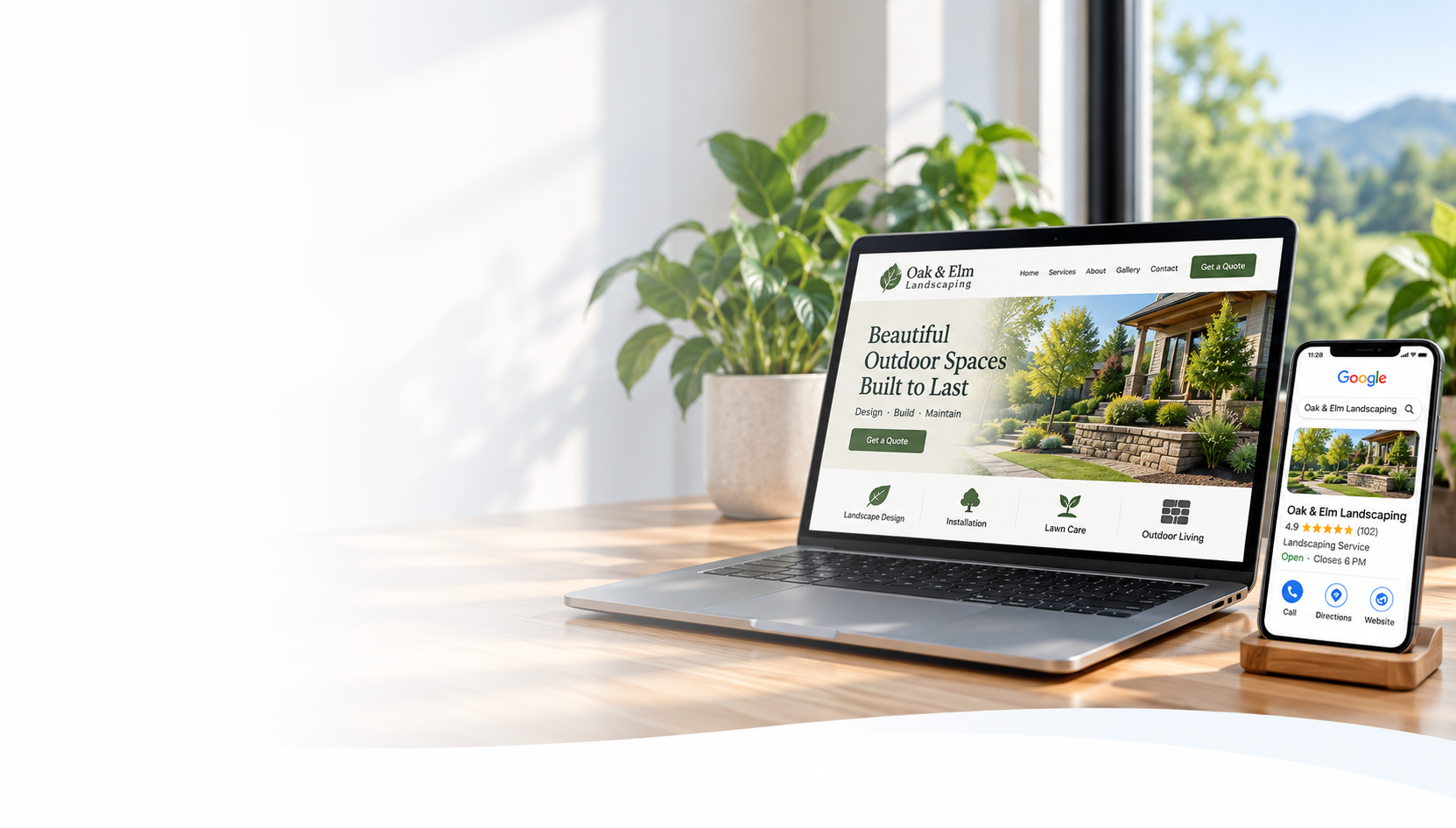 A laptop displaying a landscaping company website next to a phone showing the same business's Google Business Profile.